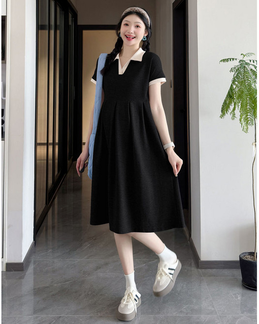 임산부 여름 원피스 캐주얼 반팔 임부복 루즈핏 기질 터틀넥 a라인 임부 원피스 CY