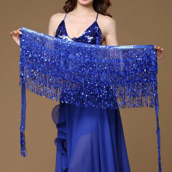 스팽글술 힙스카프 라인댄스 밸리 벨리 줌바 에어로빅 공연 무대 연습, 블루