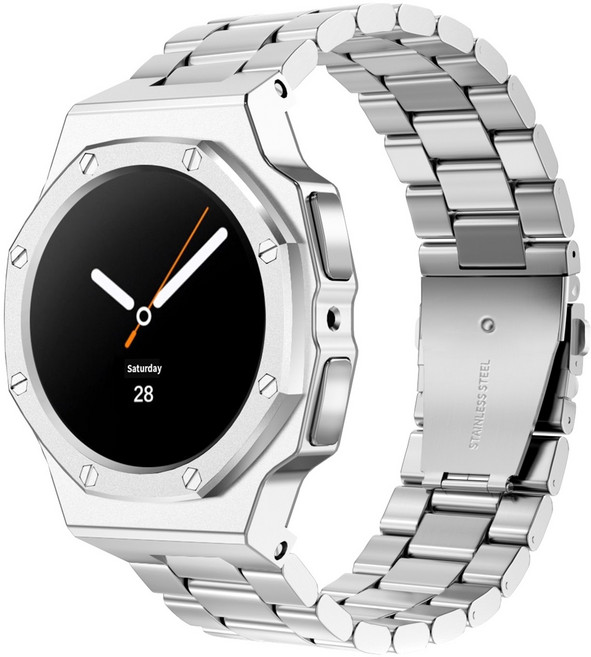 삼성 갤럭시워치8/워치8 클래식 호환 일체형 알루미늄 합금 케이스 스테인리스 메탈 밴드 풀커버 보호 스트랩 세트 40/44/46mm, 실버