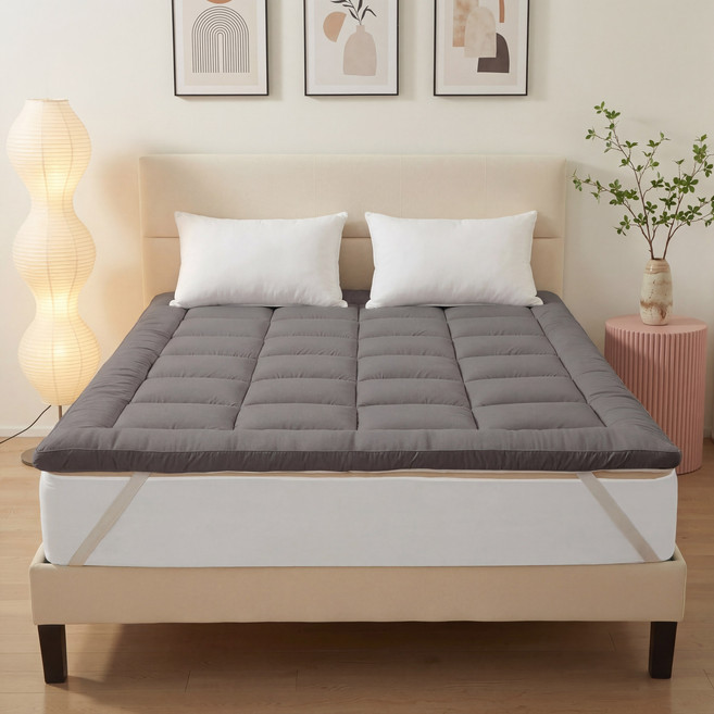 HYLEORY 사계절 통세탁 가능 포근하고 바닥 침대 토퍼 매트리스, 그레이