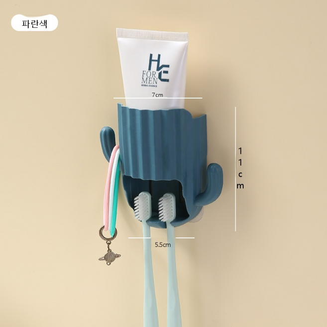 무타공 흡착식 선인장 모양 칫솔걸이, 1개, 진청색
