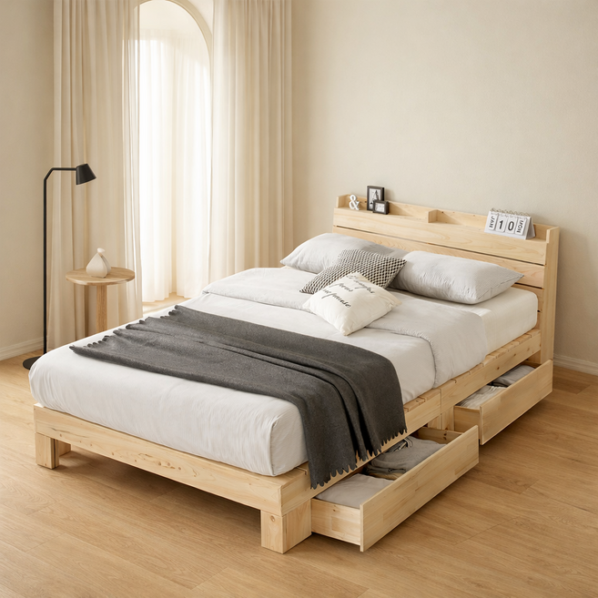 동서가구 순수 히노끼 수납헤드 편백나무 100% 프레임 2서랍 수납침대 싱글 S+본넬 매트리스 DF642830, 내추럴