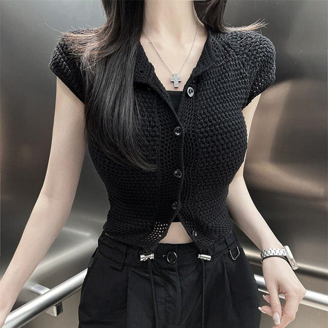 IBOY UGIRL XU0072C 여성 와플 크롭반팔 니트 가디건 슬림핏 카라 여름 반팔티