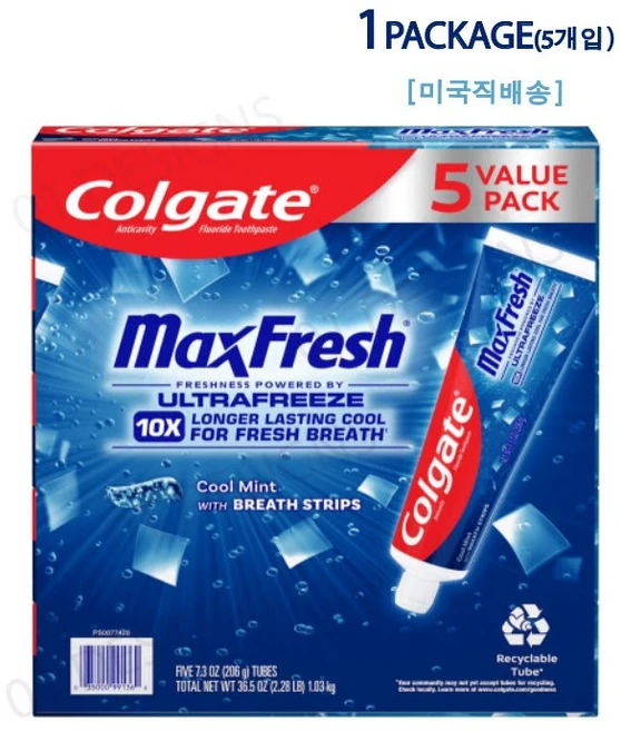 [미국직배송]콜게이트 맥스 프레시 쿨민트 치약, 5개입, 206g - 쿠팡