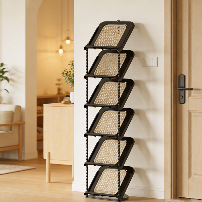 공간활용 틈새 라탄 다용도 신발장 신발정리대, 1개, 6단 블랙