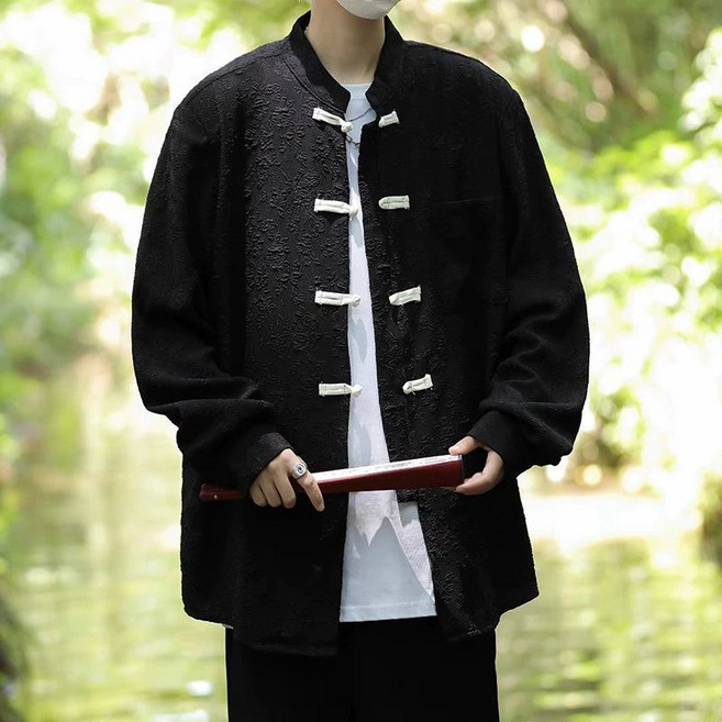 【國風盤扣】唐裝襯衫 中式襯衫 男裝襯衫 立領襯衫 長袖襯衫 新中式男裝 提花面料 寬鬆版型 秋季新款 商務休閒皆宜