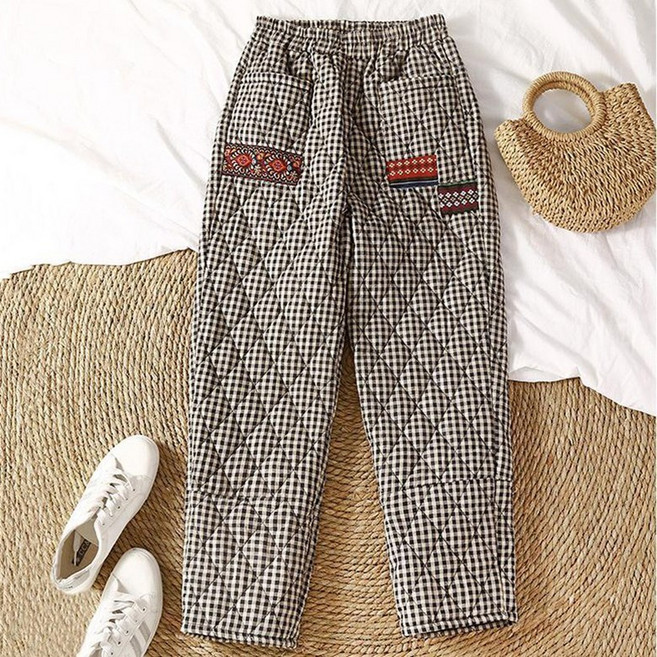 ORZQU 겨울 여성 캐주얼 루즈핏 체크 도톰 면바지 일자 바지