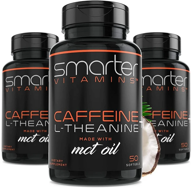 SmarterVitamins (200mg 카페인 캡슐 3팩 L-테아닌 100mg + 코코넛 MCT 오일 에너지 및 집중력 연장 방출 캡슐 액체 소프트젤 150개, 한 사이즈, 3개, 50정 - 쿠팡