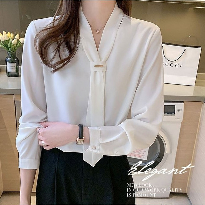 죠니제리 리본 블라우스 여성 정장 오피스룩 봄가을 긴팔 화이트