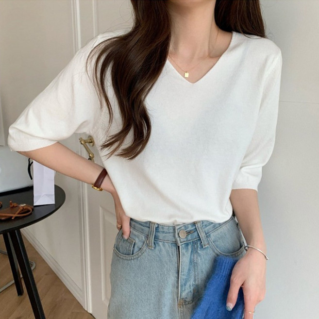 소프트 5부 니트 티 여성 브이넥 이너 티셔츠 무지