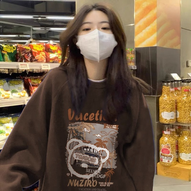 2023년 가을 겨울 만화 곰 프린트 후드티 남녀 공용 라운드 넥 루즈핏 캐주얼 기모