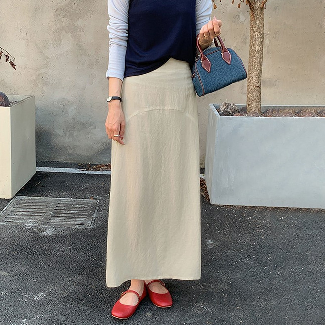 여성 여름 린넨 A라인 롱스커트 하이웨스트 무지 배색 캐주얼 트임 롱스커트