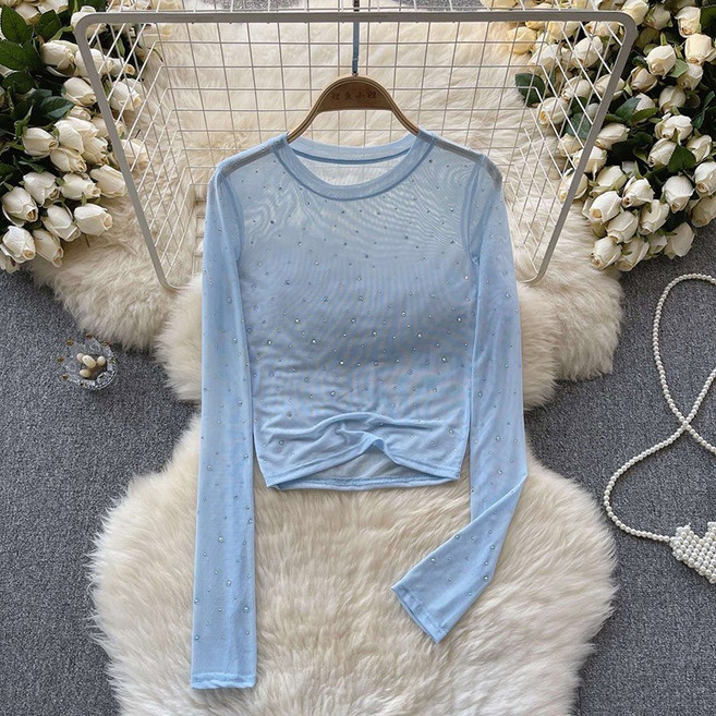 페이준 여성 긴팔 스팽글 망사 톱 섹시 시스루 이너 톱 GJ7695