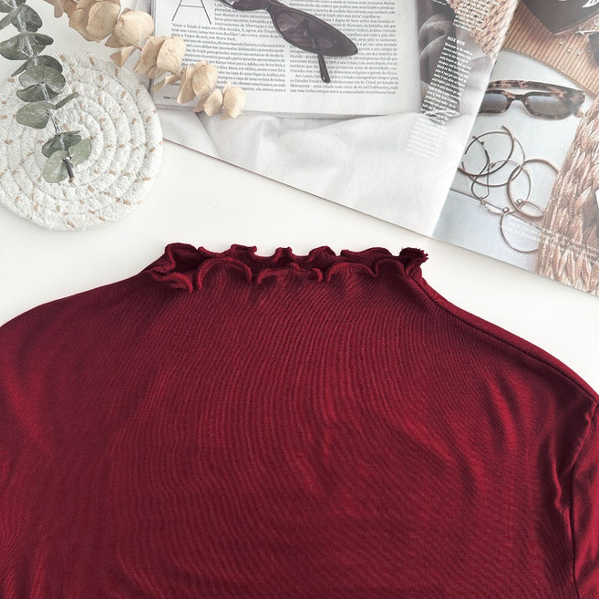 木耳邊半高領棉長袖上衣 立領打底衣 內搭上衣 長袖女