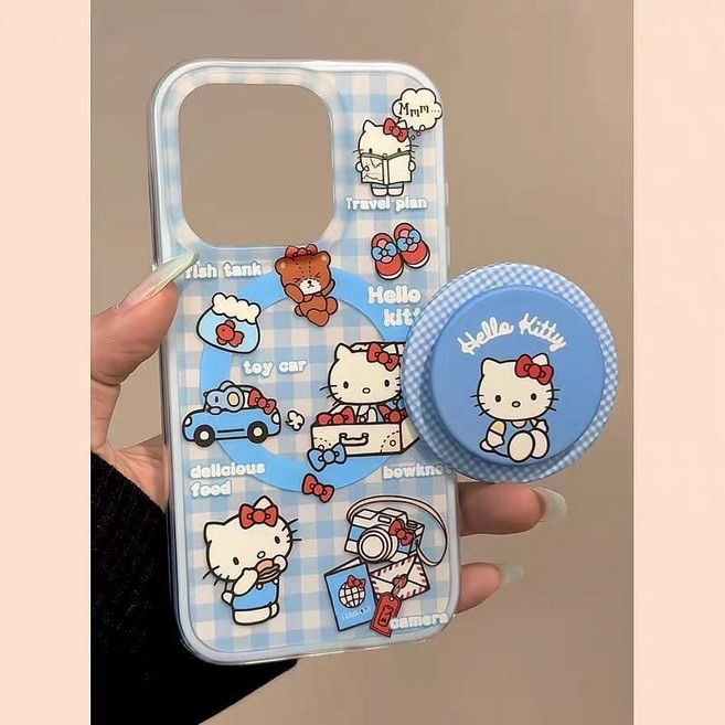 TYREUS 블루 체크 키티 맥세이프 그립톡 홀더 아이폰 호환 17/16 케이스