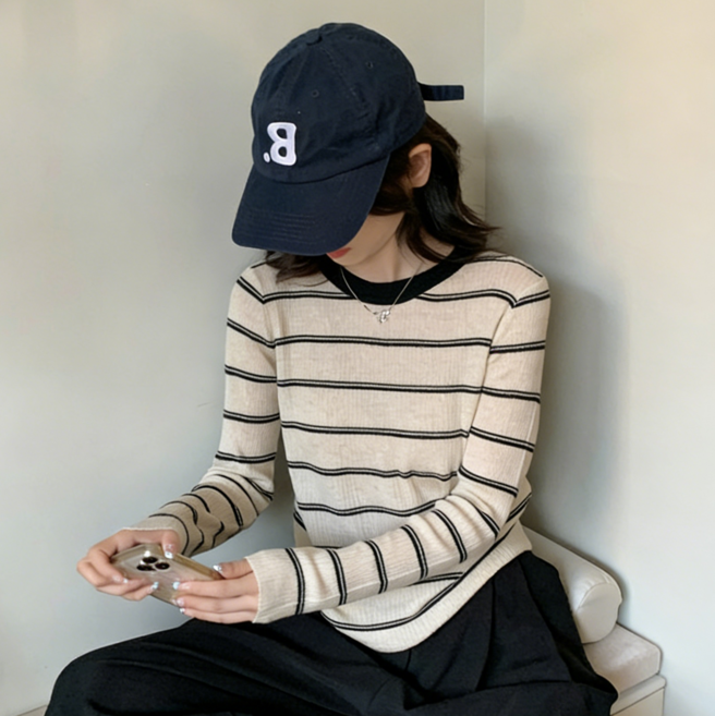 샤일리 여성 스트라이프 라운드넥 니트티