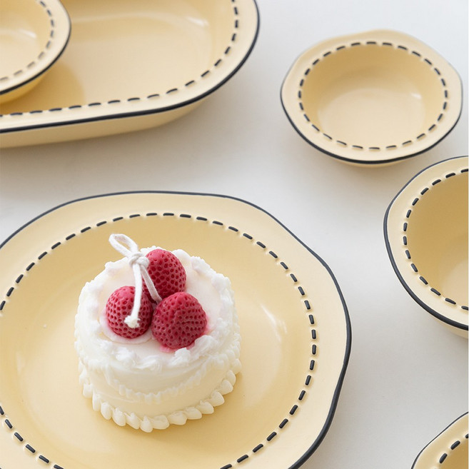 레오나홈 도트 원형 파스텔 2인 4인 그릇 식기 세트 10p, 옐로우