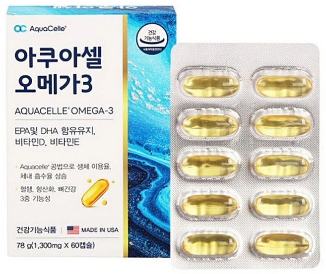 아쿠아셀 오메가3 비타민D E 체내 흡수율 높은 고함량 EPA DHA 1000mg 함유 엔초비 오메가3 오일 핼행개선 기억력개선 눈건강 뼈건강 항산화 효능 식약처인증 건강기능식품, 1박스, 60정 - 쿠팡
