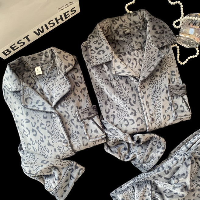 豹紋德絨長袖保暖家居服套裝