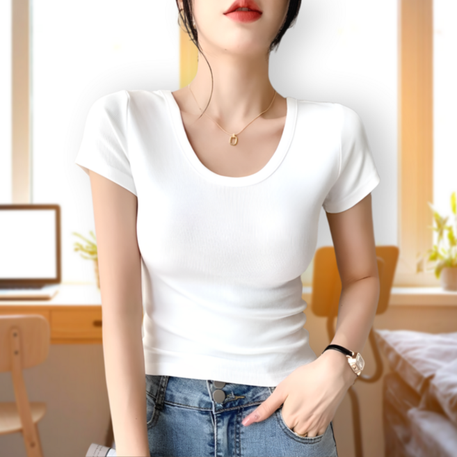 닉스나인 여성 데일리 베이직 U넥 라운드 슬림 골지 반팔티