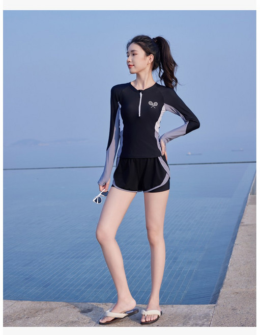 수영복 여자 2025 핫한 보수 전문 스포츠 긴팔 자외선 차단 보온 분리형 수영복, 블랙