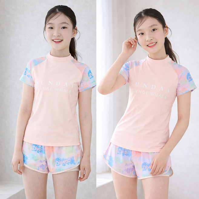 썬데이 주니어 초등 여아 성인 여자 투피스 래쉬가드 세트 실내 수영복 고학년 비치웨어