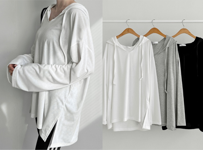 뮤앤뮤즈 국내제작 찰랑 여리핏 후드 편안한 얇은 롱 티셔츠