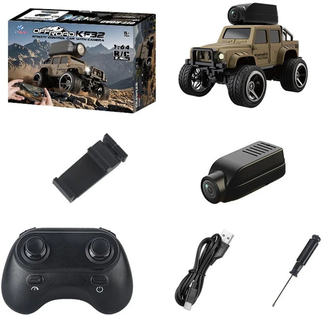 1/64 KF32 미니 RC 자동차 고속 레이싱 차량 2.4G 리모컨 720P FPV 카메라 와이파이 앱 제어 장난감 14세, 01 yellow