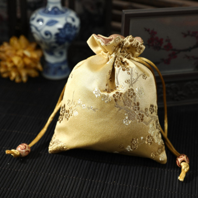 행운공방 고급 꽃 무늬 자수 복 주머니 5가지 색상 답례품 외국인 선물 포장 비단, 금색, 2개