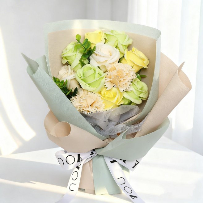 아이라 시들지 않는 프리저브드 플라워 축하선물 졸업식 비누 꽃다발 프리미엄 쇼핑백, Green