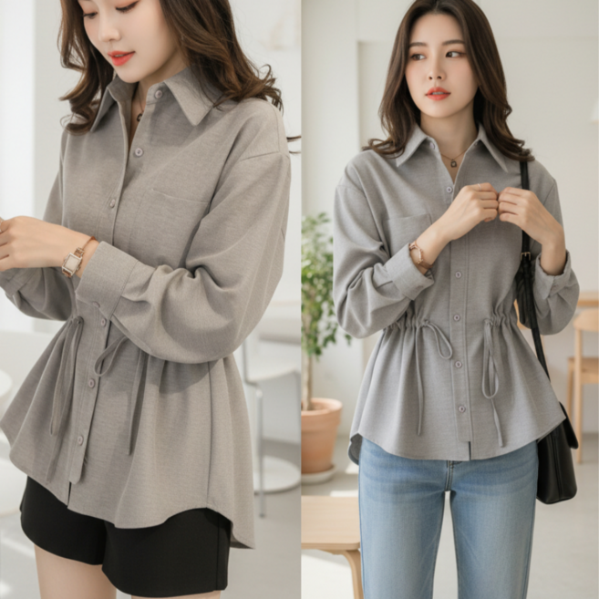핏몬 여성 루즈핏 캐주얼 정장 긴팔 블라우스 롱 셔츠 남방