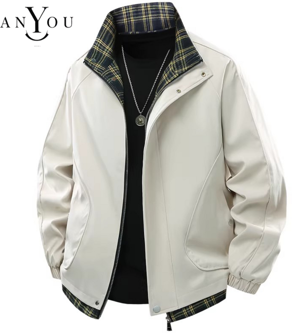 ANYOU 남성 더블라이너 자켓 격자카라 오버핏 캐주얼 외투