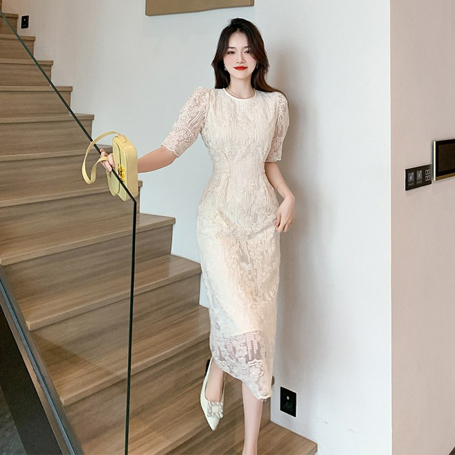 엔에스레이블 레이스 원피스 여름 퍼프 소매 미디 원피스 NSLEVEL