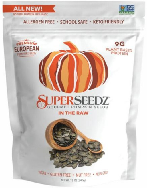 슈퍼씨즈 드라이 로스팅 호박씨 - 천일염 다소 매운맛 계피 설탕 페피타스 비건 팔레오 건강 간식 8g 식물성 단백질 미국산 유제품 프리 견과류 글루텐 프리 스, Raw Pumpkin Seeds, 12 Ounce (Pack of 1), 1개
