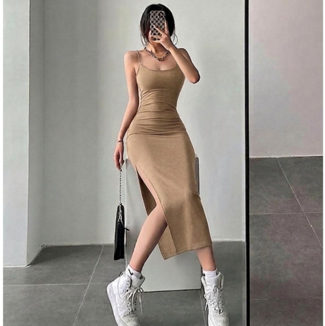 노이디제이 DJ1164 U넥 스판 옆 절개 슬림 끈나시 원피스