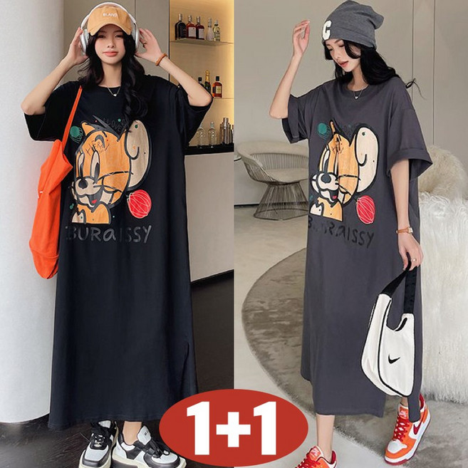(대박난) 150kg까지 빅사이즈 1+1 여성 캐릭터 프린트 옆트임 롱 원피스 여름 편한 반팔 심플 베이직 박스 루즈핏 날씬해보이는 무지 외출용 모던 시원한 캐쥬얼 4xl 원피스