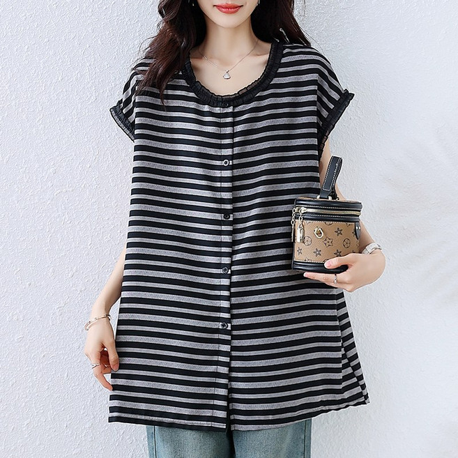 도희날다 2457 빅사이즈 스트라이프 여름 롱 루즈핏 라운드넥 티셔츠