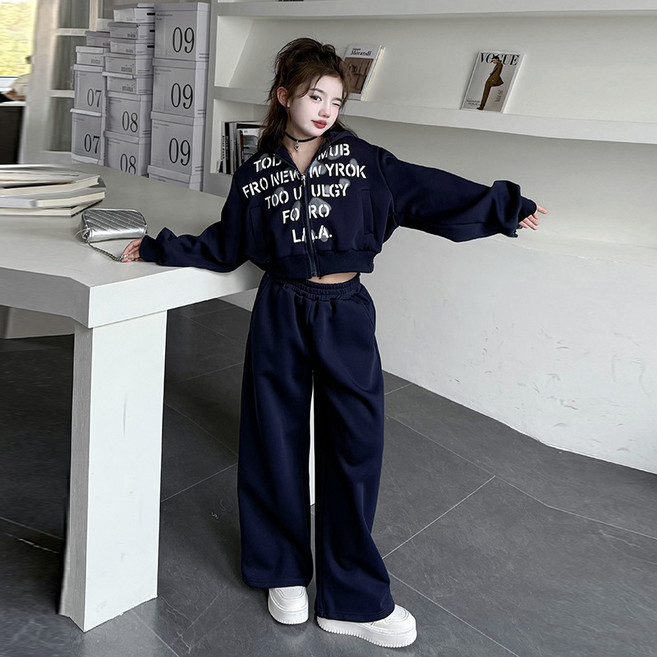 삐삐네옷가게 여아 주니어 레터링 후드집업 크롭 트레이닝 상하