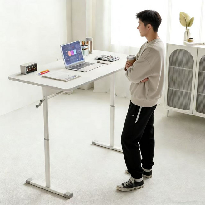 높이조절 책상 3size 키높이책상 수동 스탠딩 데스크 모션데스크, 흰색