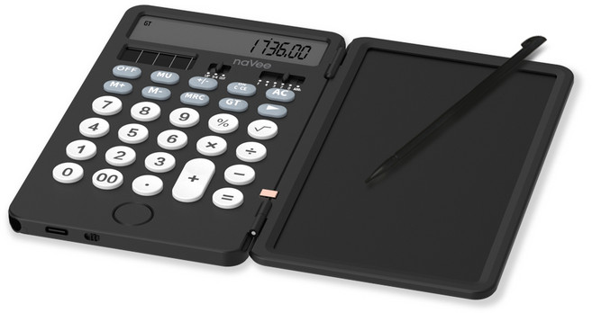 나비 전자 계산기 메모 패드 접이식 스마트 태양광 C타입 충전 펜 포함 NV36-MCC1, 블랙, 1개