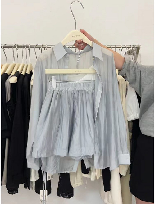 해피유통 여성 투피스세트 뒤 트임 텐셀 셔츠+밴딩 반바지 세트 jhqgx