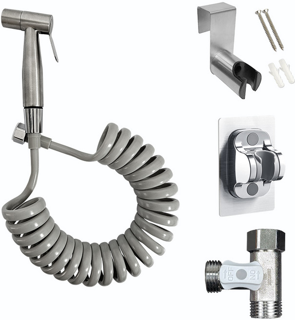 욕실스프레이건 실버 3.5M 1세트 /스프레이건 + 스프링 호스 + 변기 걸이 + 황동 T 밸브 + 접착식 거치대, 스프레이건 실버 3.5M 세트+접착식 거치대, 1개