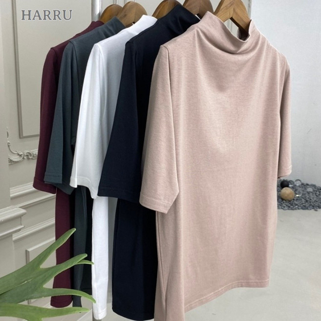 하루림 부드러운 면 모달 여성 반목티 5부소매 이너 폴라 티셔츠 국내제작