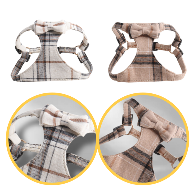 아트진주 체크무늬 강아지 하네스 + 리드줄 세트 M사이즈, 브라운체크, 1개