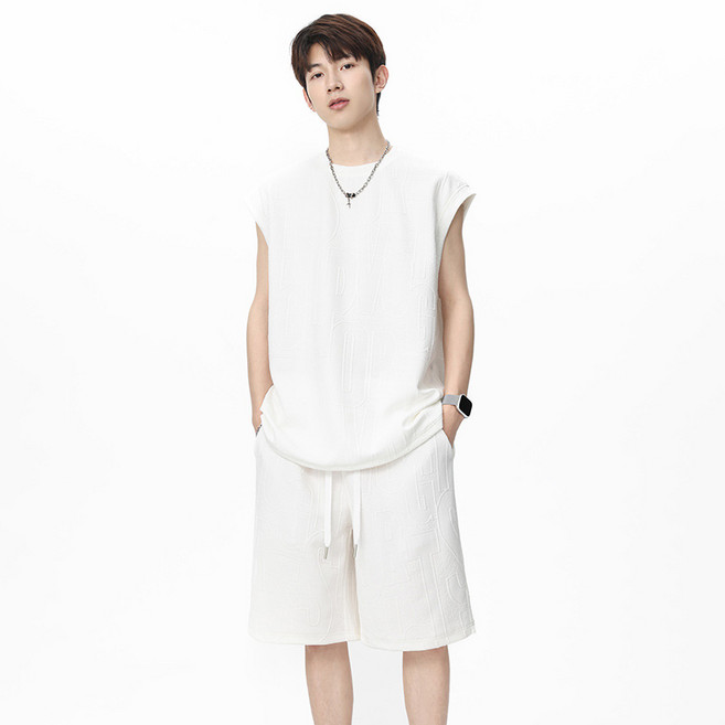 ANYOU 레터링 세트 남성 여름 얇은 민소매 반바지 세트 하이웨스트 루즈핏 캐주얼 스포티 투피스