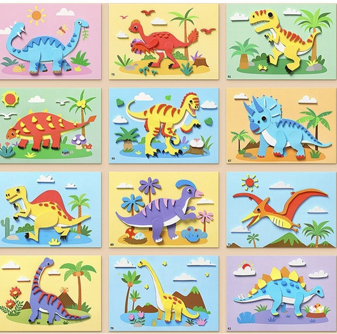 EVA 스티커 유아 만들기 놀이 집콕놀이 어린이 미술놀이 그림그리기 동물스티커 자동차스티커 바다물고기스티커, 12세트, 공룡