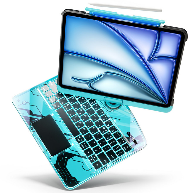 AITEWO 아이패드 호환 매직키보드 케이스 백라이트 한글 키보드 360도회전 프로 1/2/3/4/5/6/7 세대 에어 8/7/6/5/4 10.9 11 12.9 13인치 M3 M4, 블루, 1개