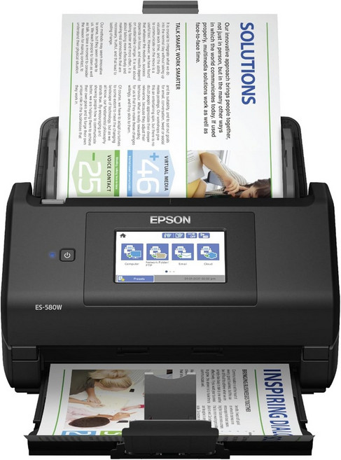 Epson Workforce ES-580W PC 및 Mac을 포함한 컴퓨터용 무선 색상 듀플렉스 데스크톱 문서 스캐너100매의 ADF 자동 공급 장치와 터치스크린 블랙