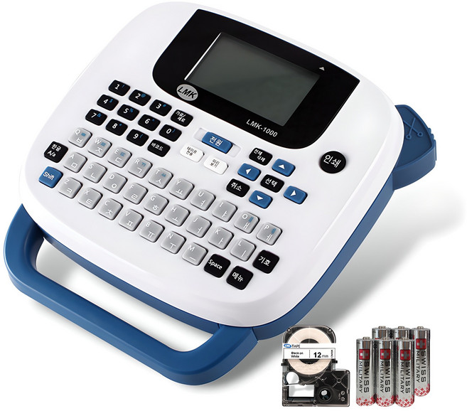 로드메일코리아 휴대용 라벨프린터+12MWK 라벨테이프+건전지, LMK-1000(블루), 1개