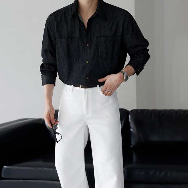 베이직바이블 남자 오버핏 생지 데님 셔츠 논페이드 이염없는 남방(4color)